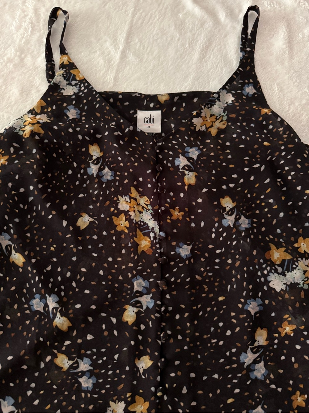 CAbi Cluster Cami Black With Floral Print Tiered Sheer Blouse M - Picture 3 of 9